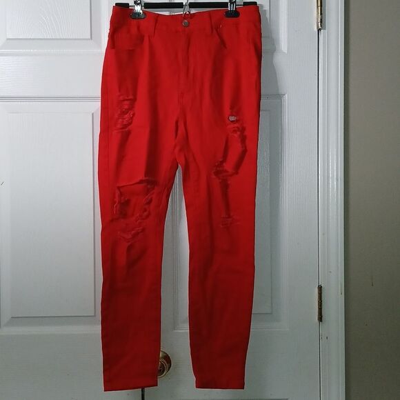 Shein Curve red distressed jeans  Sz 0XL  (14)  NWOT - Picture 1 of 5